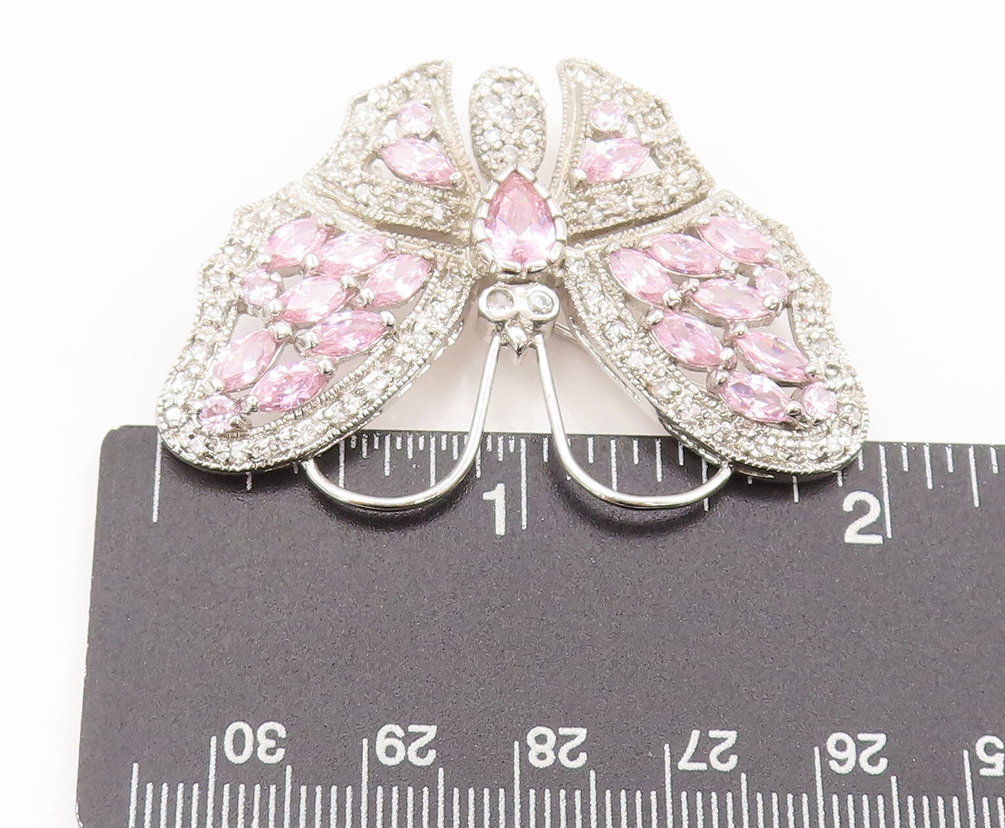 925 Sterling Silver Vintage Pink & White CZ Butterfly Brooch Pin BP10522