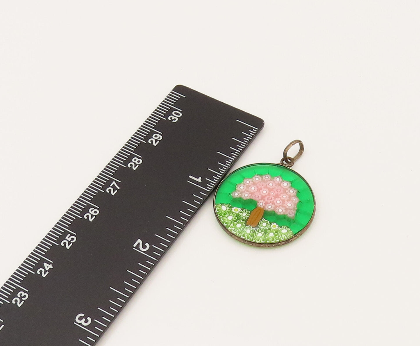 925 Sterling Silver Vintage Flower Tree Glass Art Round Pendant PT21932