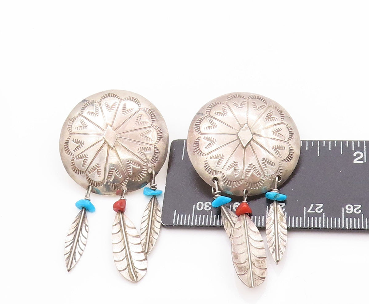925 Sterling Silver Vintage Earrings SOUTHWESTERN Turquoise Feathers EG13530