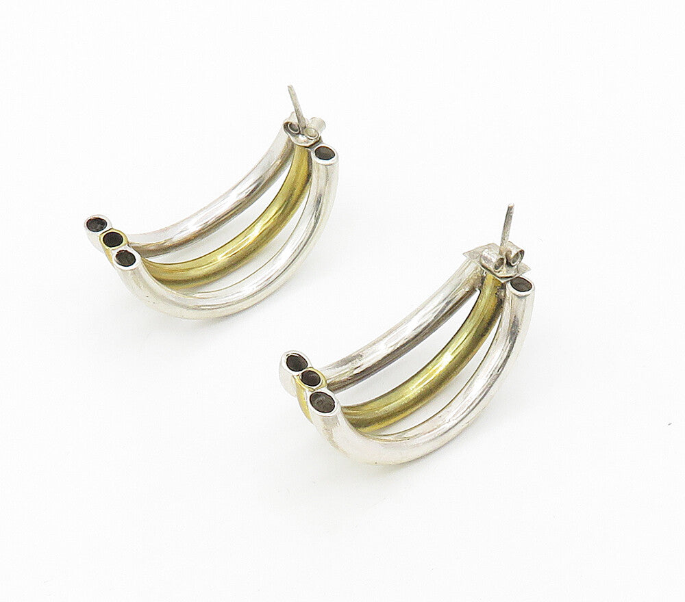 925 Sterling Silver Vintage Shiny 2 Tone Hollow Tube JHoop Earrings EG8712
