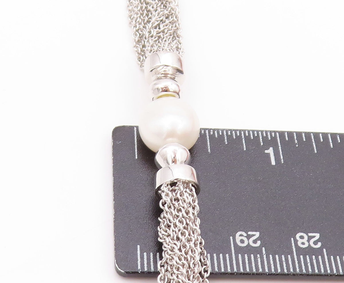 925 Sterling Silver Vintage Bracelet Modernist Pearl & Mesh Chain BT11252
