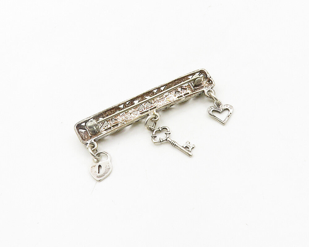 925 Sterling Silver Vintage Shiny Heart Lock & Key Charmed Brooch Pin BP7471