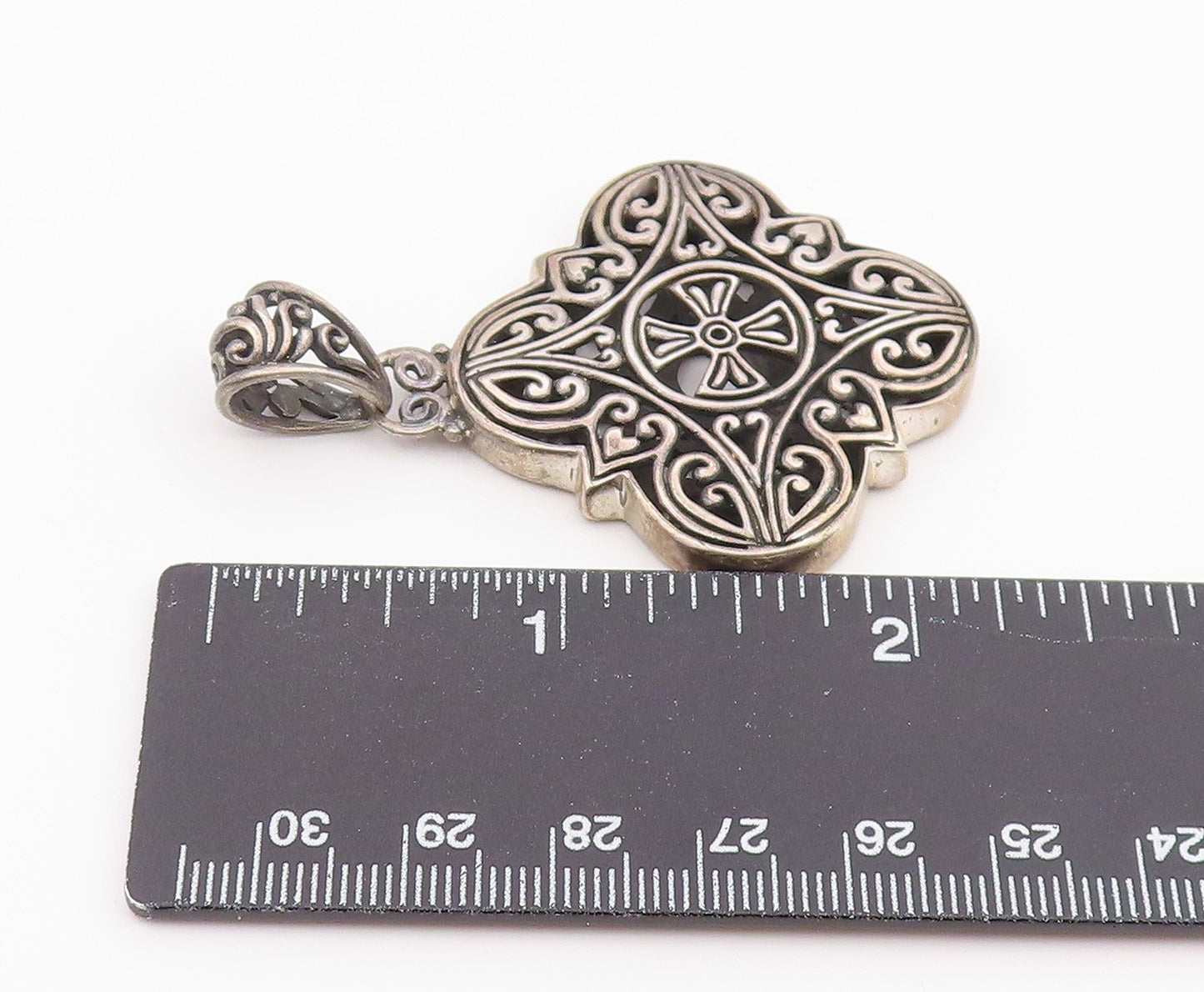 925 Sterling Silver Vintage Pendant Gothic Hearts Scrollwork Holy Cross PT26388