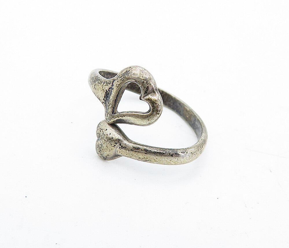 925 Sterling Silver Vintage Antique Dark Tone Heart Bypass Ring Sz 4 RG5362