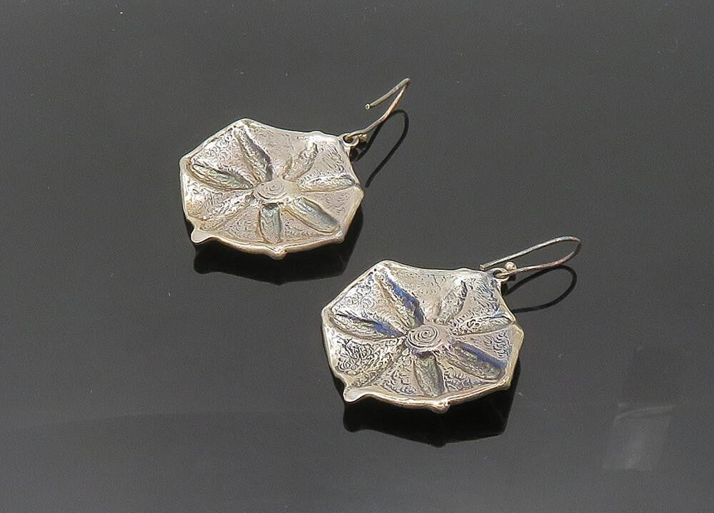 925 Sterling Silver Vintage Garnet Modernist Floral Dangle Earrings EG10144