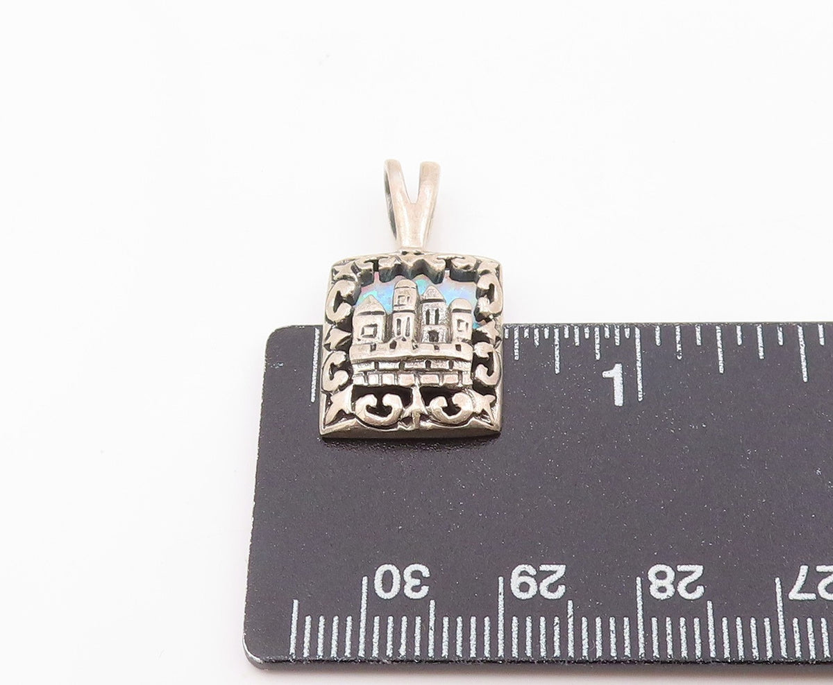 925 Sterling Silver Vintage Pendant Fire Opal Jerusalem Skyline Charm PT26228