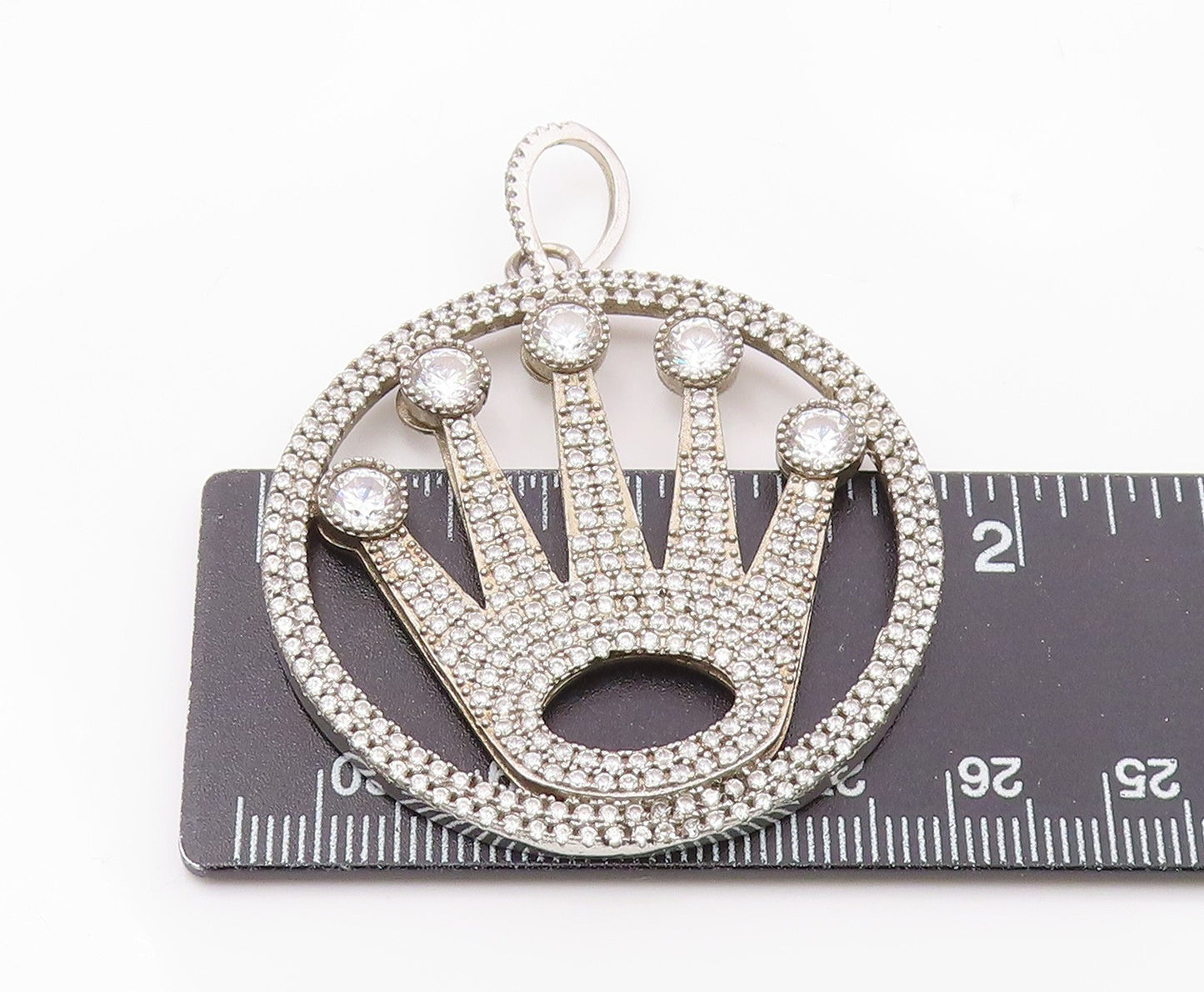 925 Sterling Silver Vintage Cubic Zirconia Royal Crown Motif Pendant PT15845