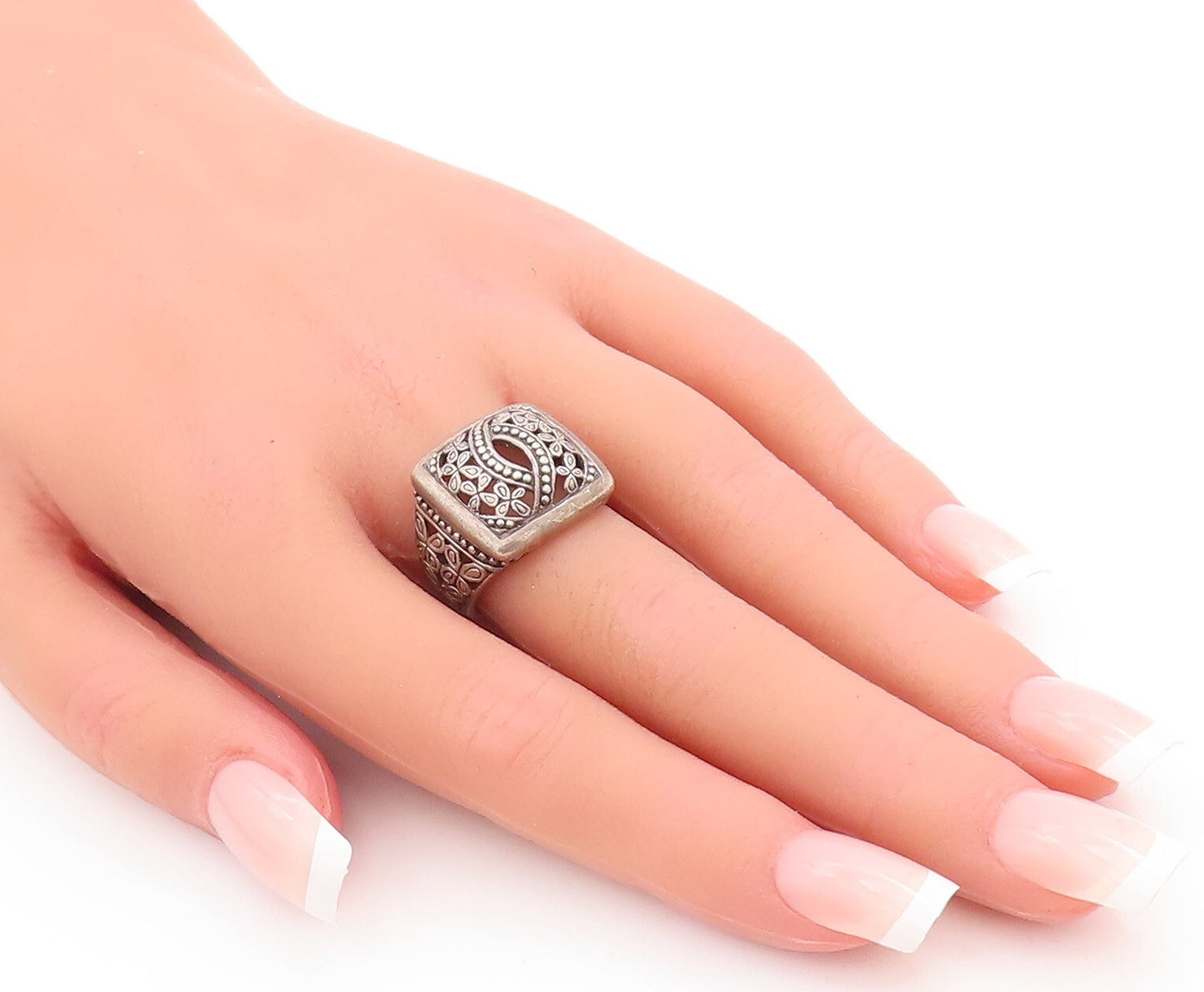 925 Sterling Silver Vintage Ring Designer Square Floral Cutout Eye Sz 7 RG28951