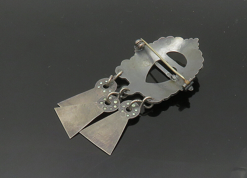 925 Sterling Silver Vintage Dark Tone Etched Dangling Brooch Pin BP8047