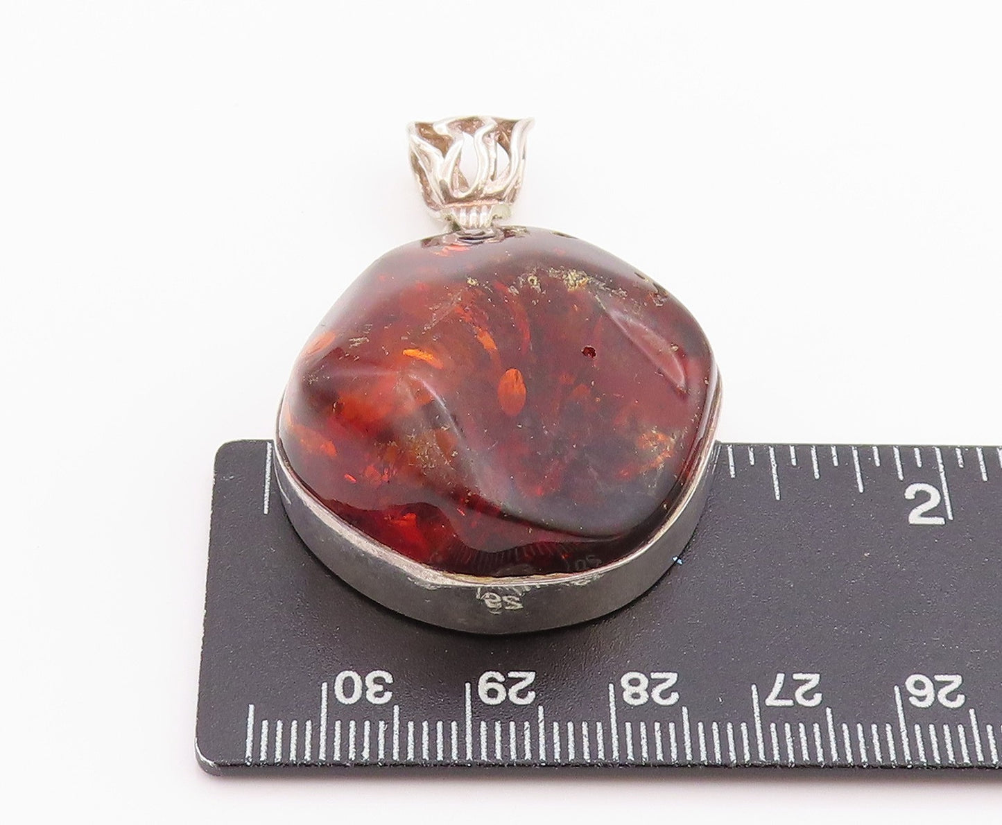 925 Sterling Silver Vintage Pendant Large Amorphas Cabochon Honey Amber PT24359