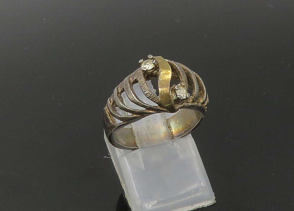 925 Silver & 14K GOLD Vintage Topaz Two Tone Split Band Ring Sz 6 RG22667