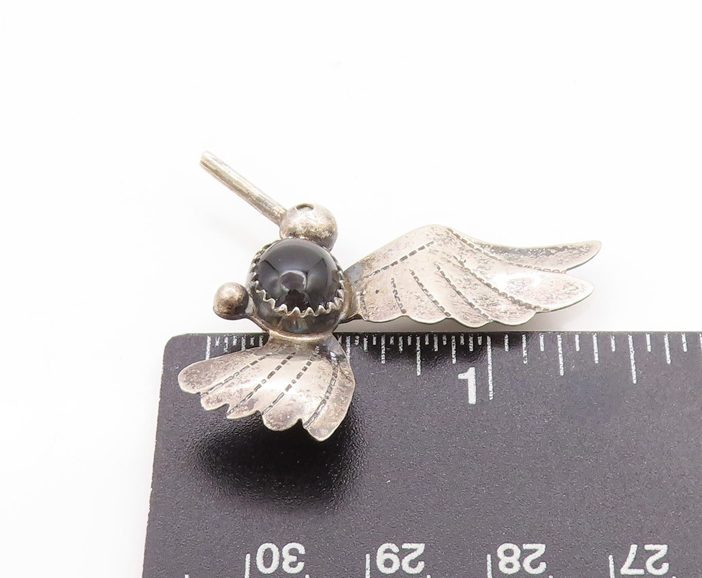 925 Sterling Silver Vintage Brooch NAVAJO Onyx Etched Humming Bird Pin BP11870