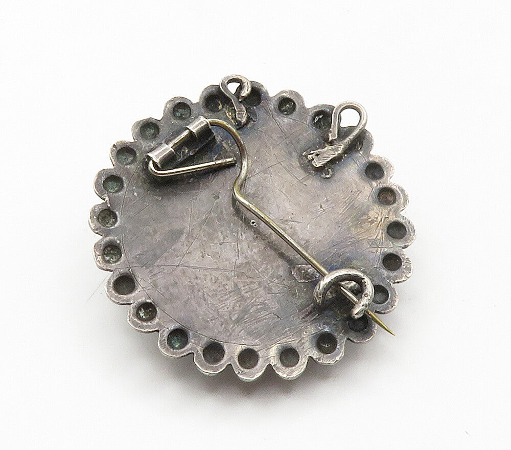 925 Sterling Silver Vintage Antique Amber Dark Tone Round Brooch Pin BP6063
