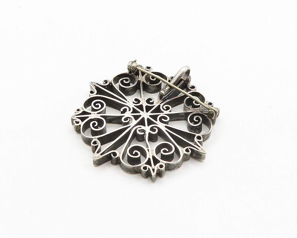 DESIGNER 925 Silver Vintage Dark Tone Swirl Flower Motif Brooch Pin BP7772