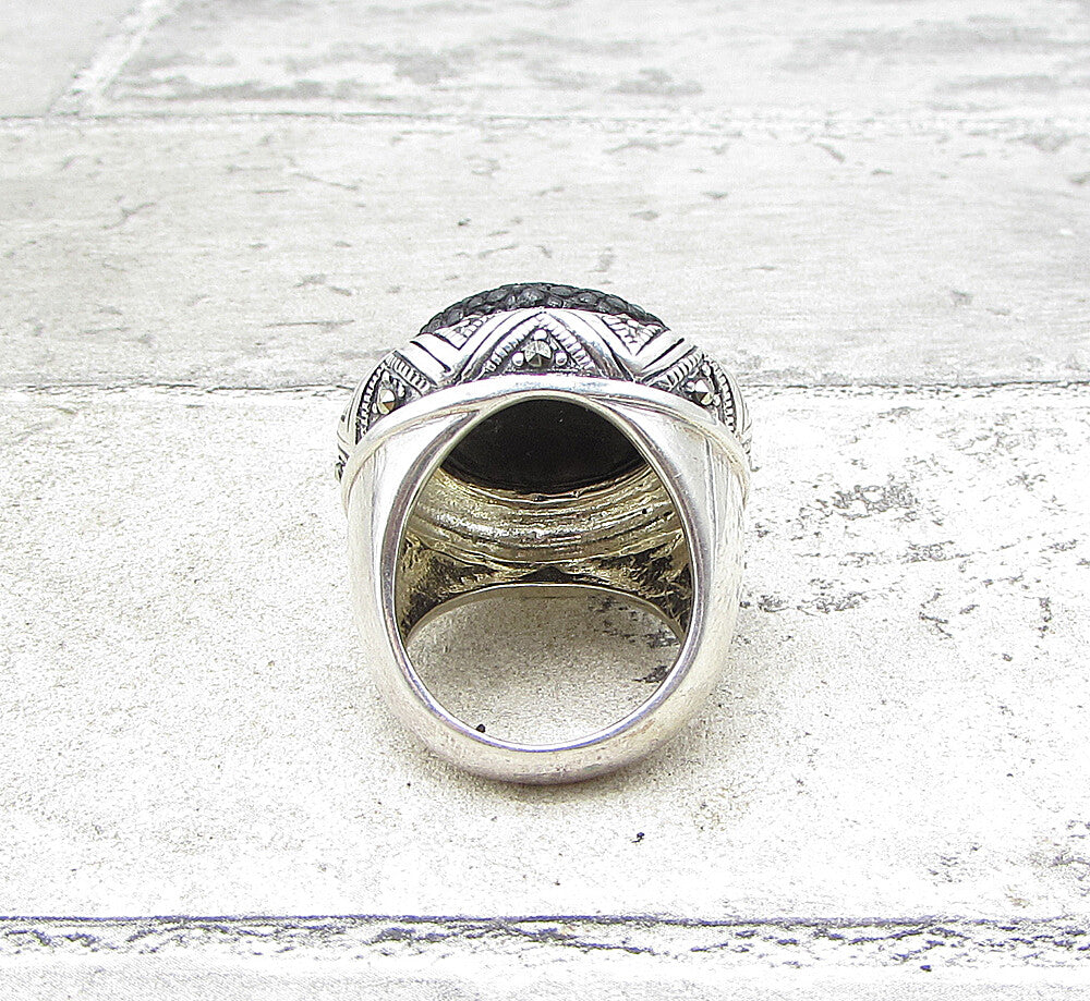 925 Sterling Silver Marcasite Crocodile Skin Leather Dome Star Ring Sz 8 RG1558