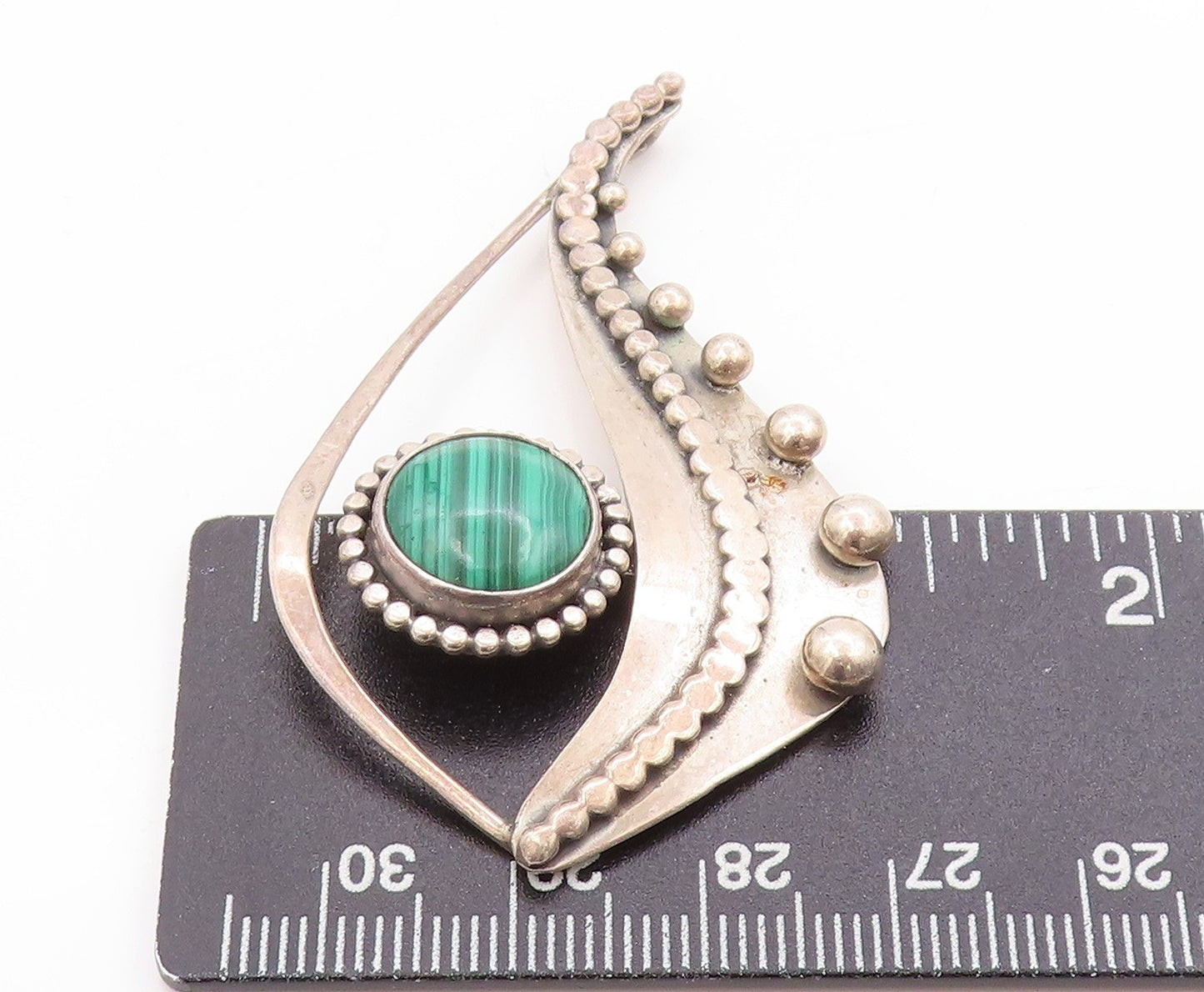 925 Sterling Silver Vintage Pendant PAUL MILLER Malachite Wavy Beaded PT25054