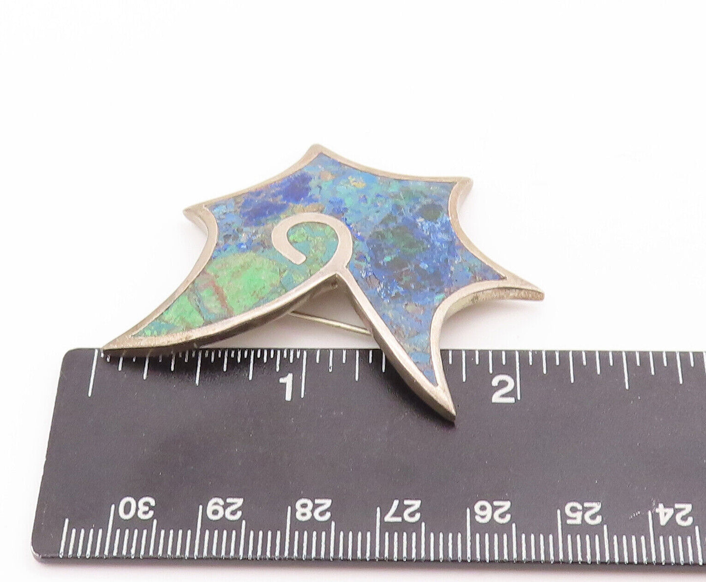 925 Sterling Silver Vintage Brooch Pin ARTE PLATA Carved Inlay Turquoise BP10901