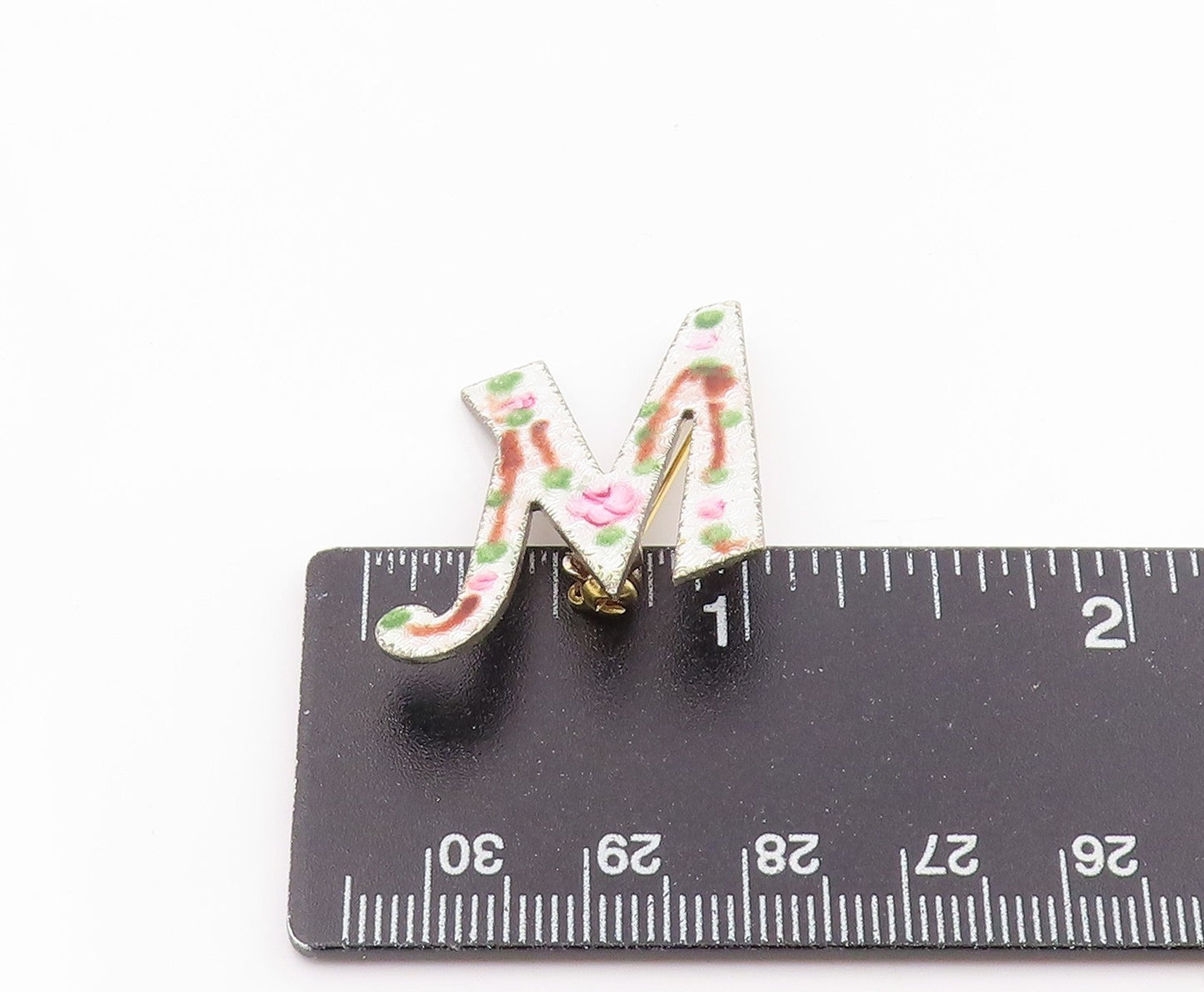 925 Sterling Silver Vintage Brooch Pin Guilloche Enamel Floral M Initial BP12489