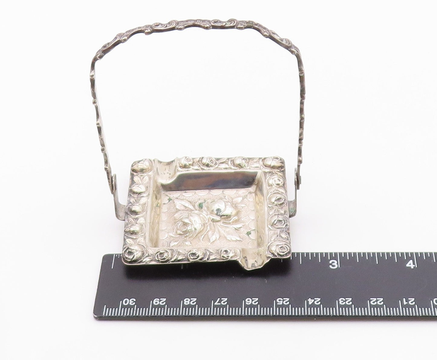 925 Sterling Silver Vintage Shiny Floral Ash Tray With Handle TR2850