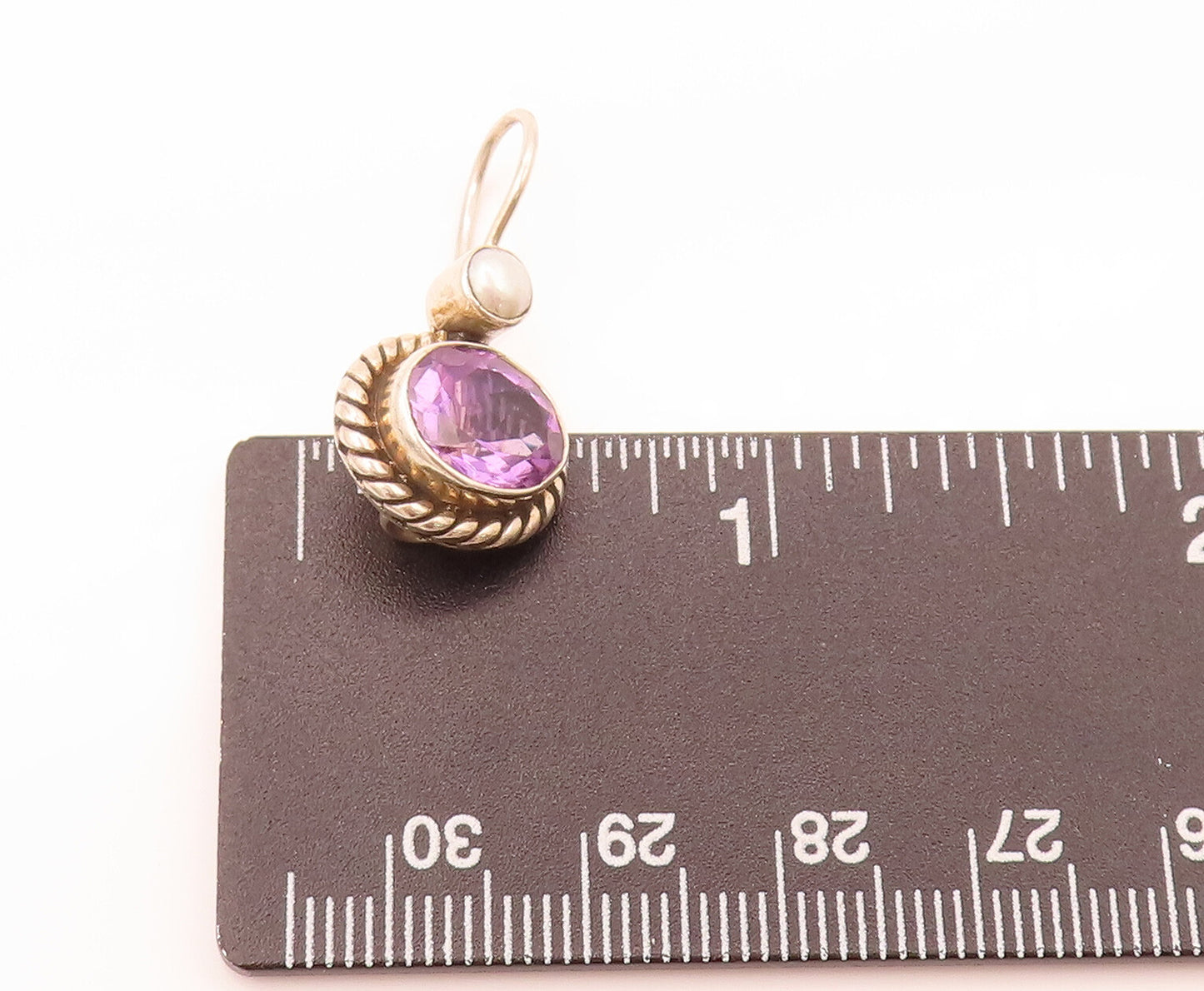 925 Sterling Silver Vintage Amethyst Halo Roped Pearl Drop Earrings EG12488