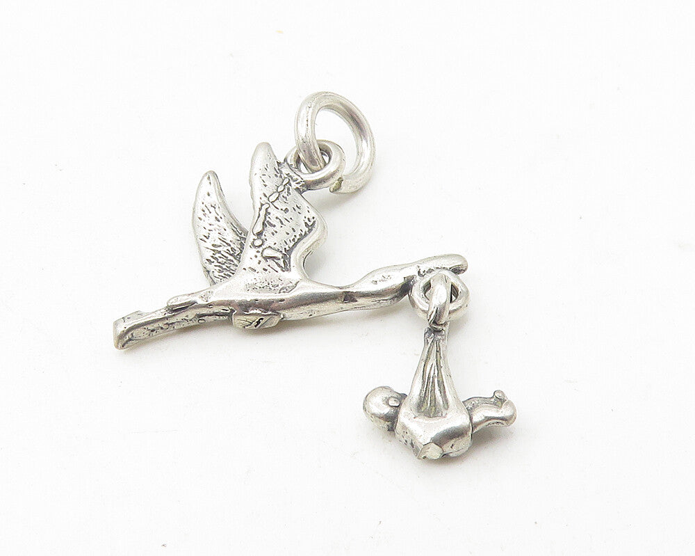 925 Sterling Silver Vintage Petite Flying Stork With Baby Pendant PT9372