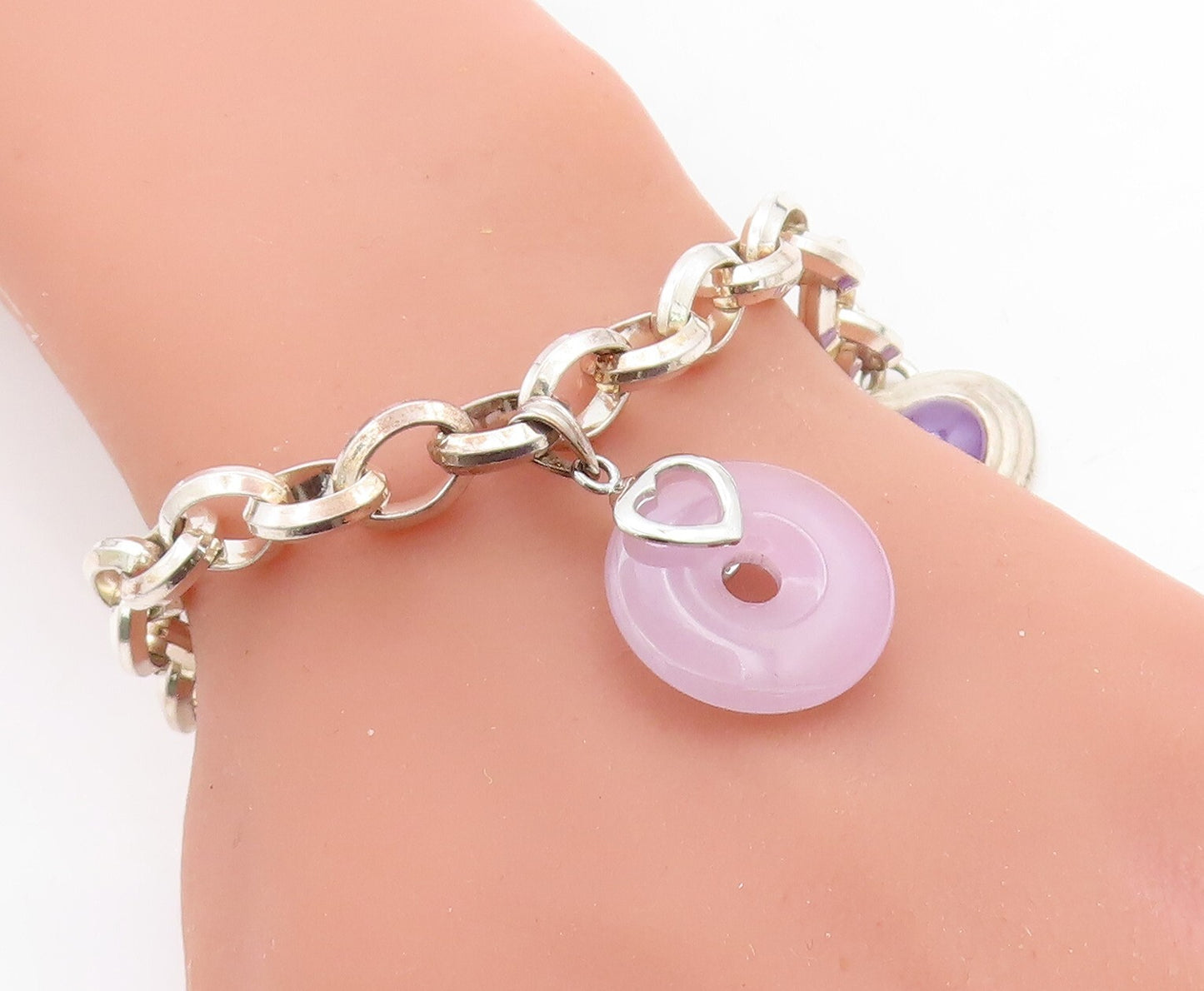 925 Sterling Silver Vintage Purple Jade Elephant Charm Chain Bracelet BT2341