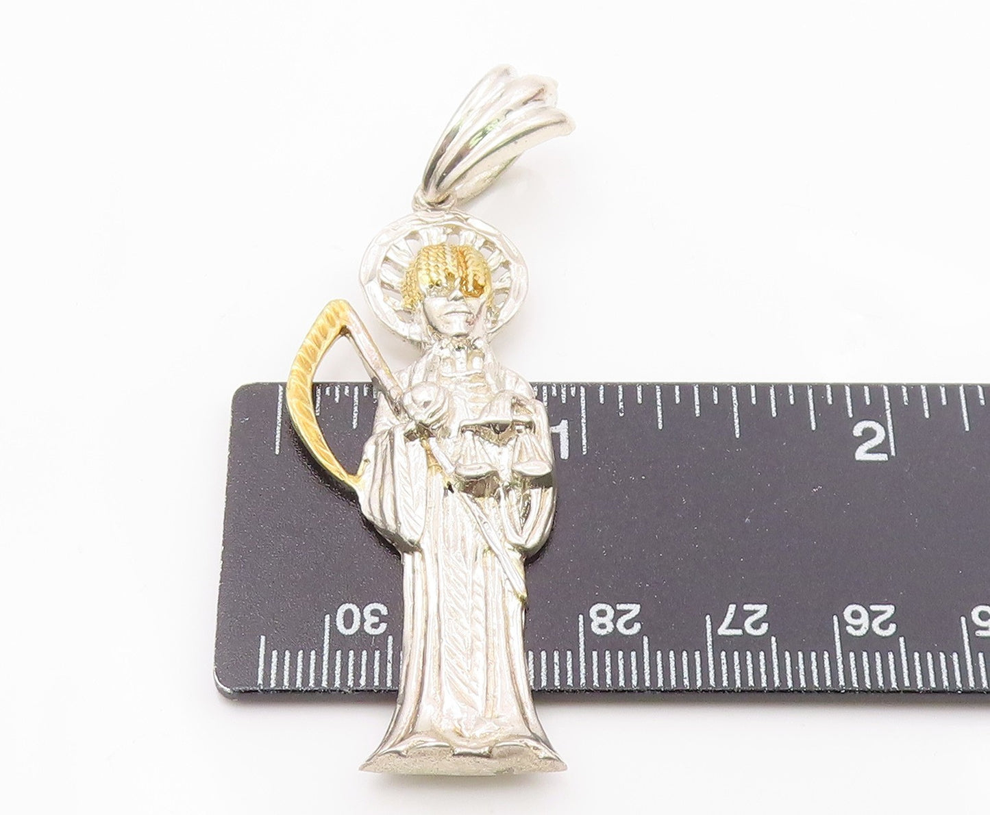 925 Sterling Silver Vintage Shiny Two Tone Grim Reaper Drop Pendant PT11803