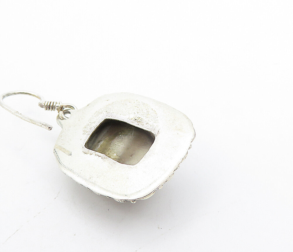 925 Sterling Silver Vintage Cabochon Cut Grey Agate Dangle Earrings EG3759
