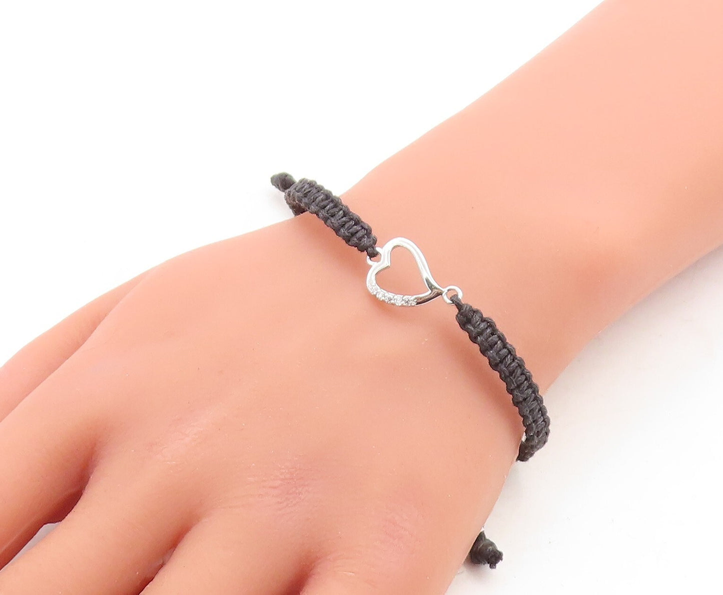 925 Silver Cubic Zirconia Love Heart Adjustable Friendship Bracelet BT1019