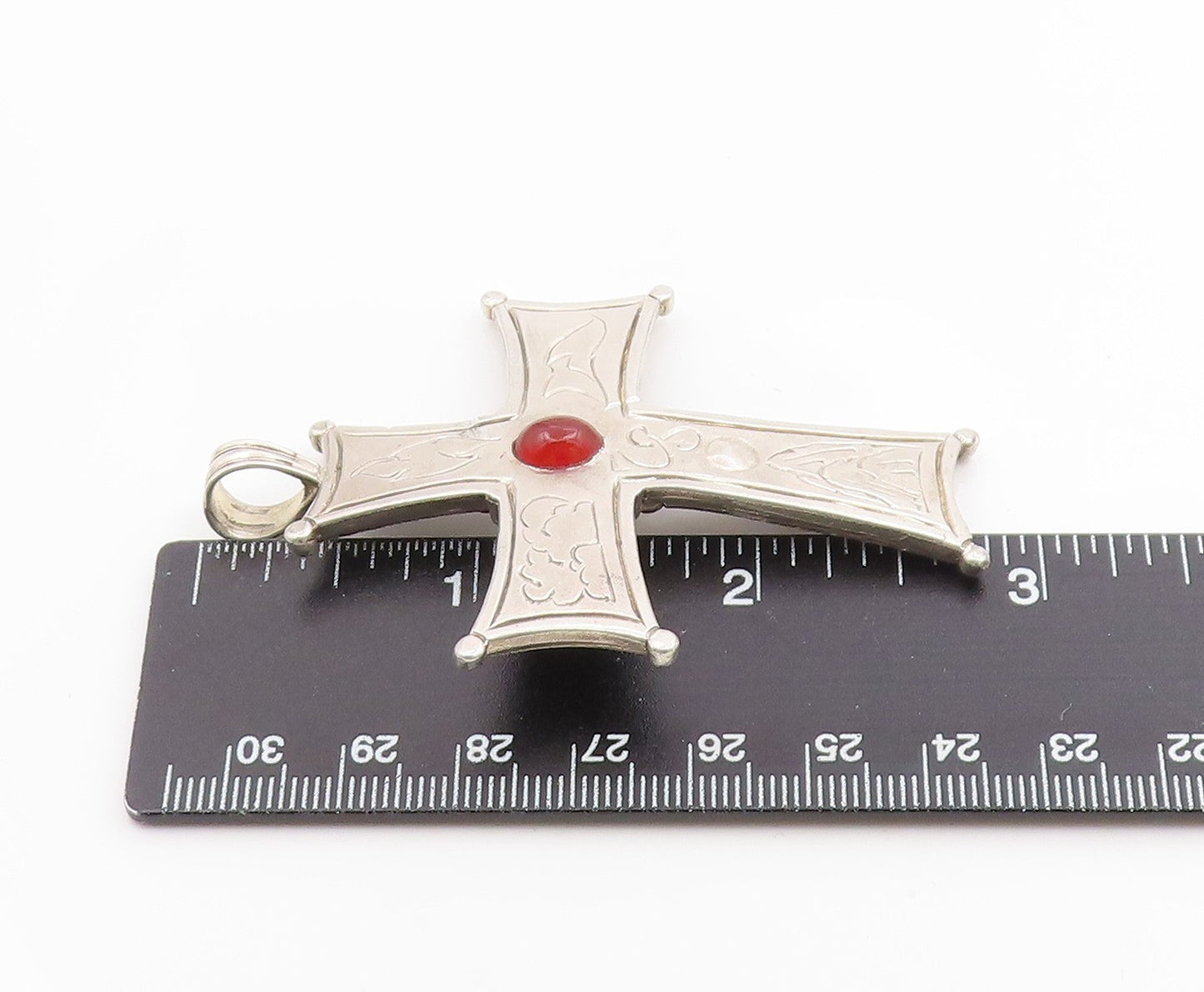 925 Sterling Silver Vintage Pendant Carnelian Modernist Religious Cross PT26259