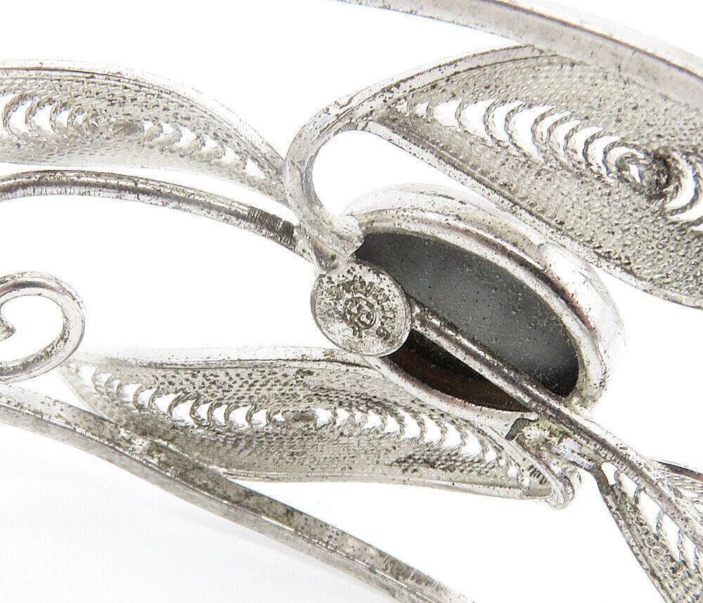 925 Sterling Silver Faceted Hematite Filigree Floral Cuff Bracelet BT3467