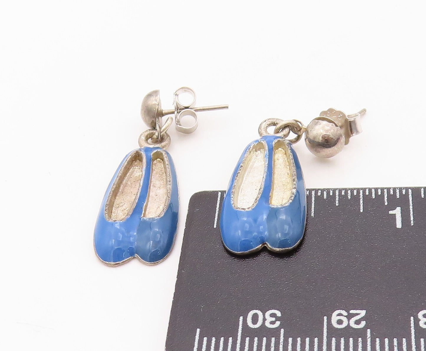 925 Sterling Silver Vintage Earrings Enameled Dangling Ballet Shoes EG13459