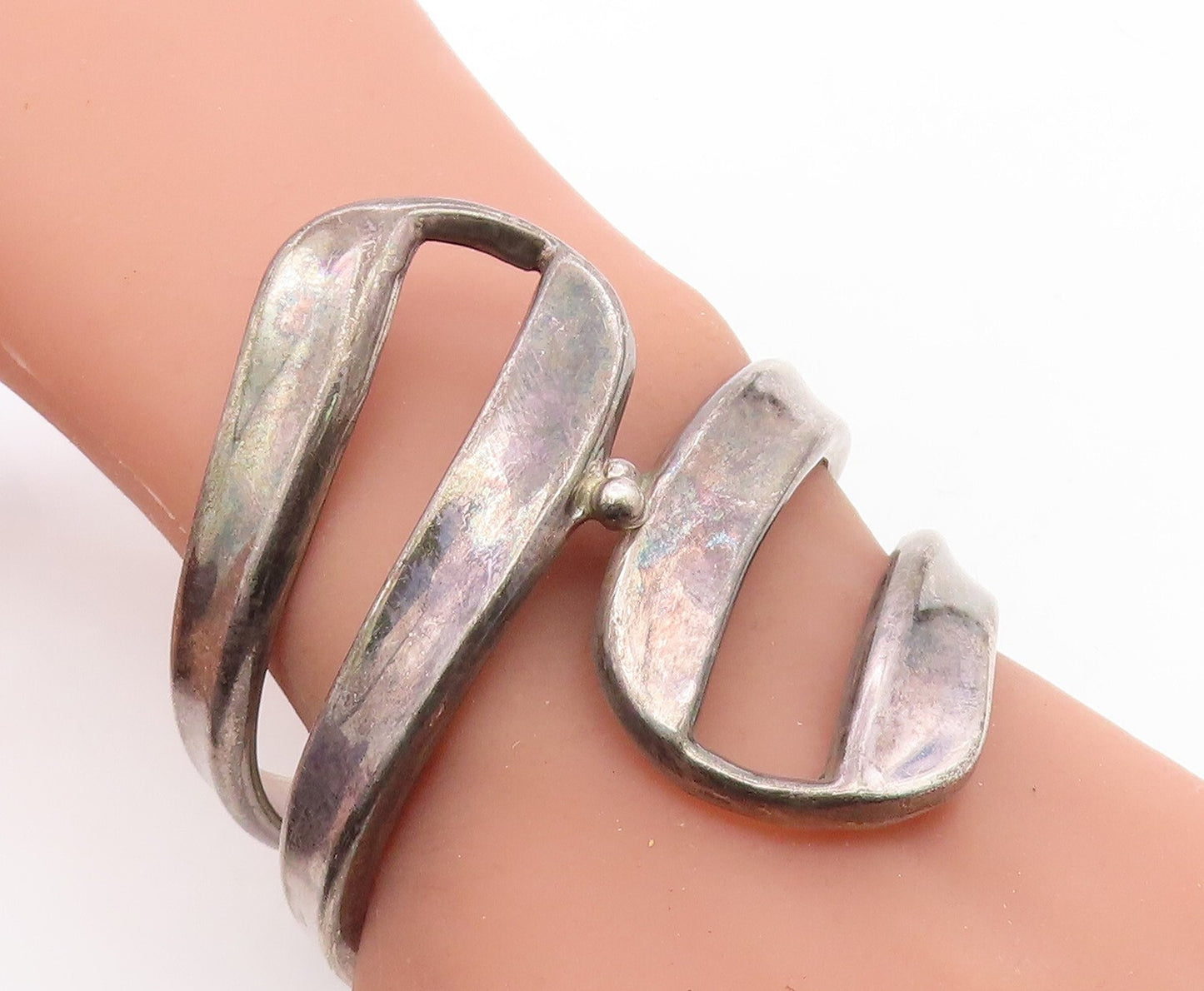 MEXICO 925 Sterling Silver Vintage Dark Tone Bypass Bangle Bracelet BT2923