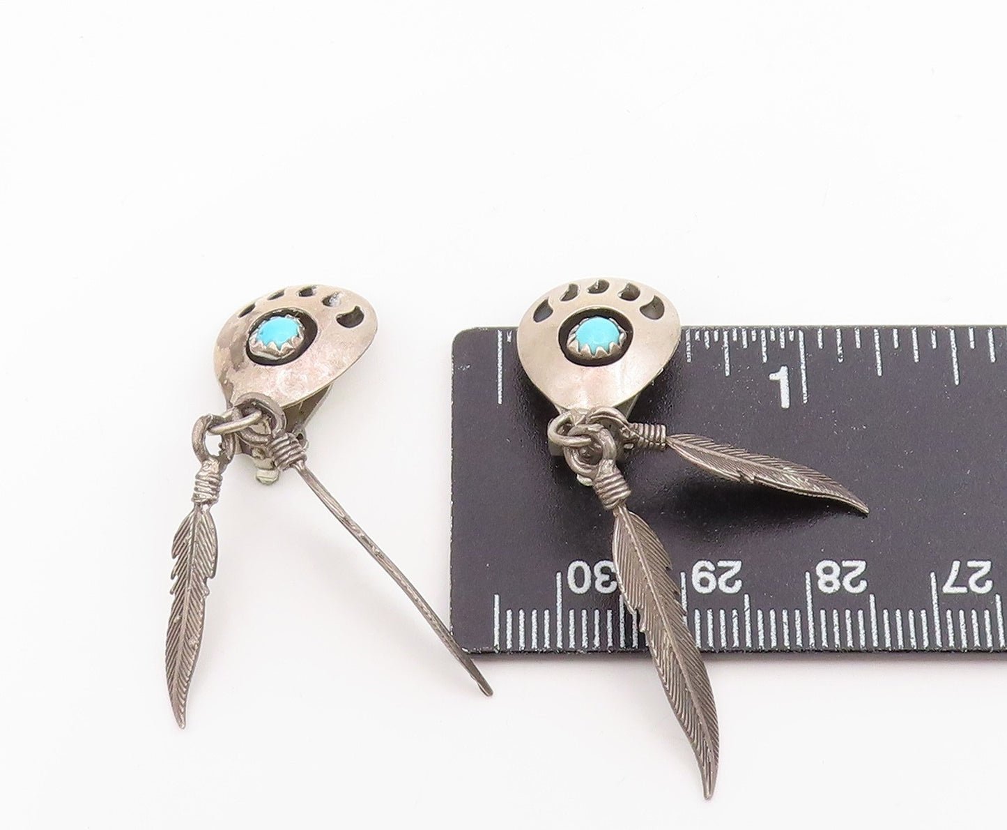 925 Sterling Silver Vintage Earrings NAVAJO Turquoise Bear Paw Feather EG14167