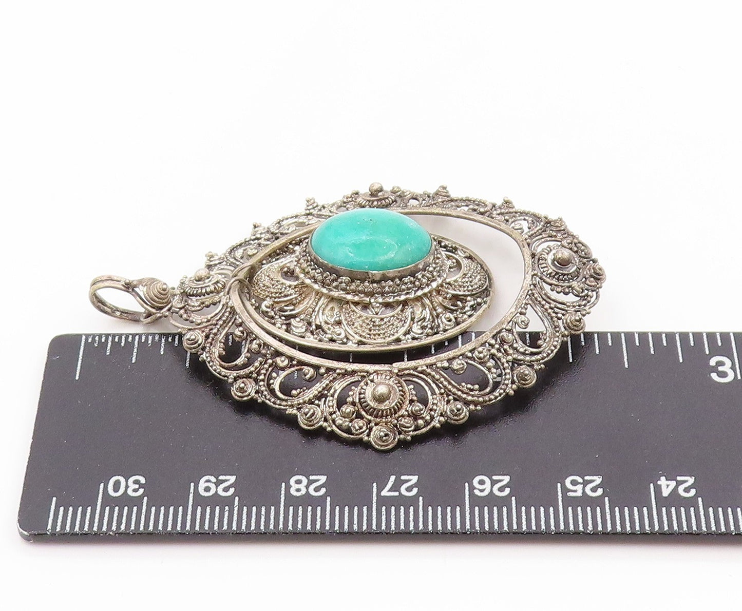 925 Sterling Silver Vintage Pendant Turquoise Antique Oval Filigree PT25840