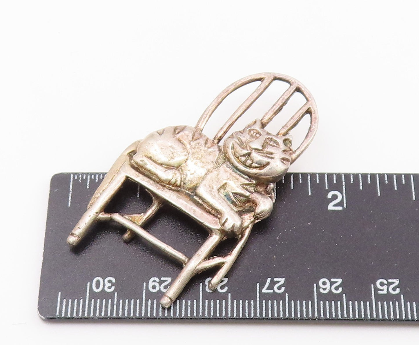 MEXICO 925 Sterling Silver Vintage Smiling Cat In Chair Brooch Pin BP9131