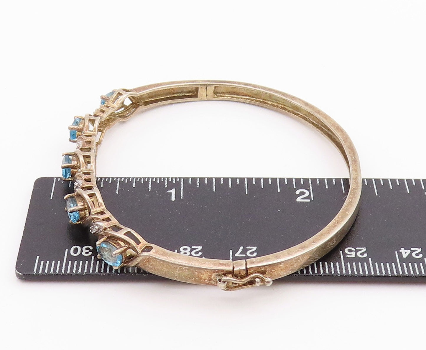 925 Sterling Silver Vintage Bracelet Swirly Diamonds & Oval Topaz Bangle BT11350