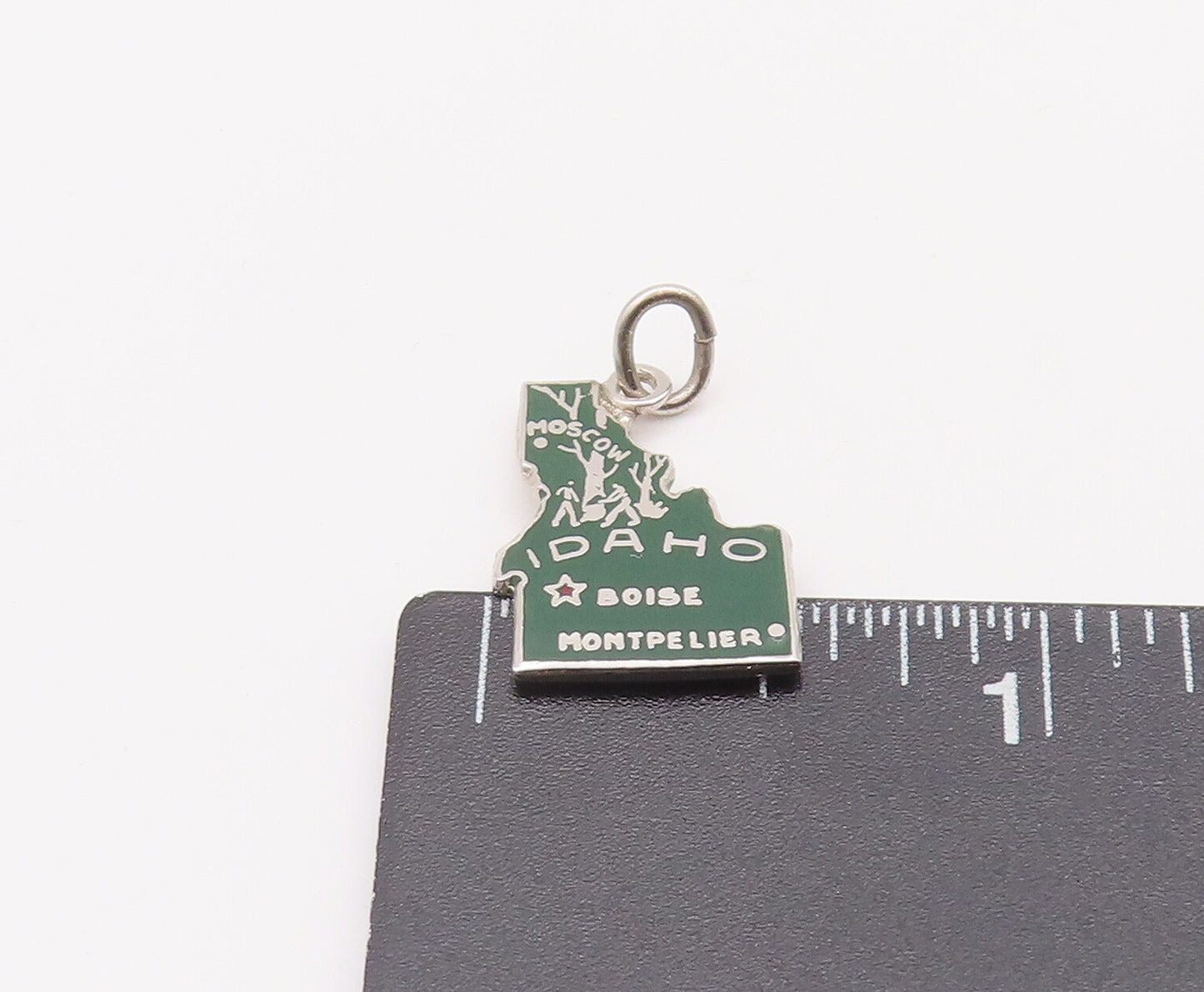 925 Sterling Silver Vintage Pendant Green Enameled mini Idaho Carved Map PT22695