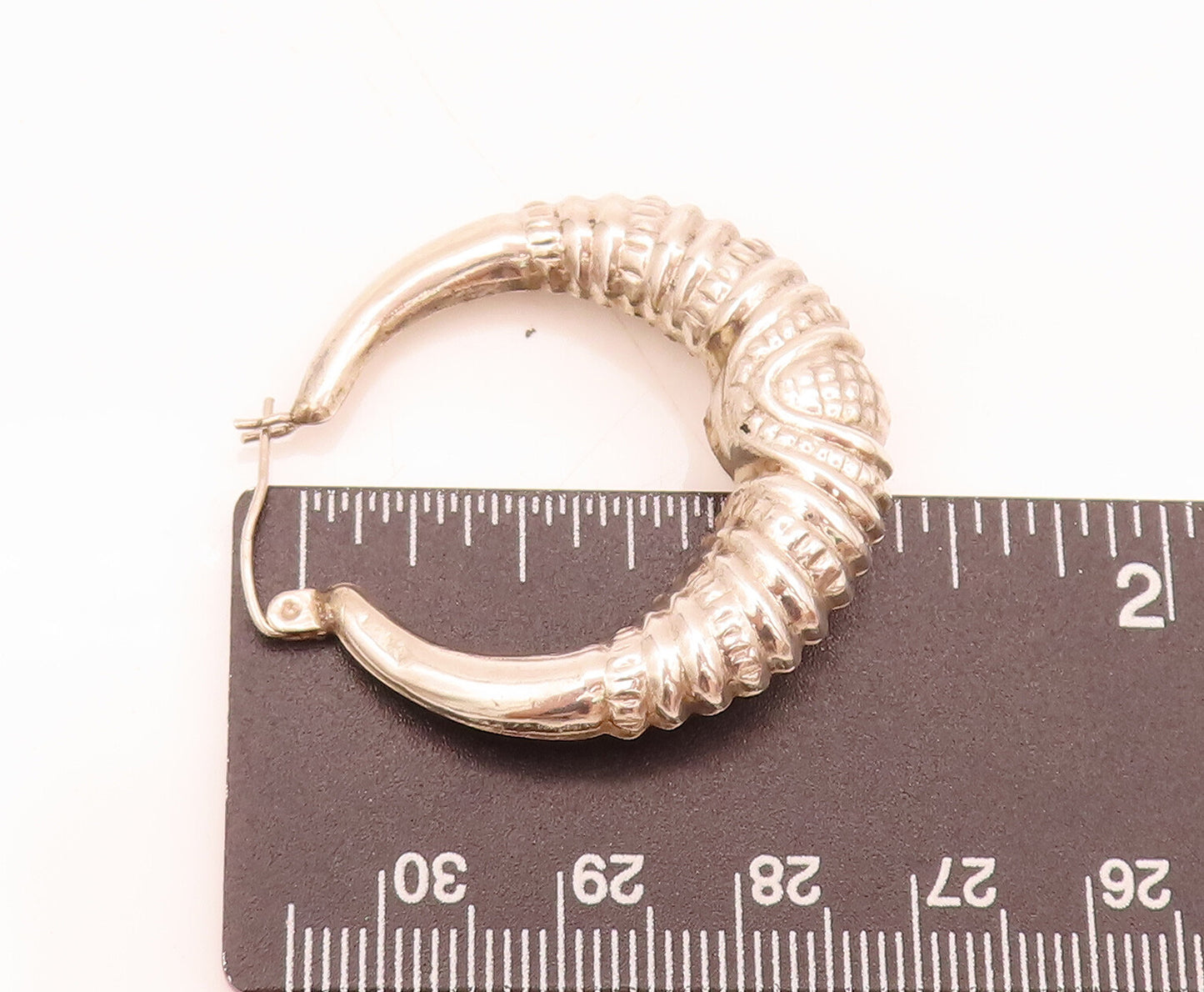 925 Sterling Silver Vintage Puffed Dented Carved Hoop Earrings EG12460