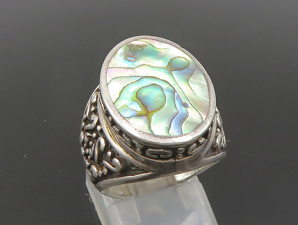 925 Sterling Silver Vintage Inlay Abalone Scrolled Detail Ring Sz 6 RG24433