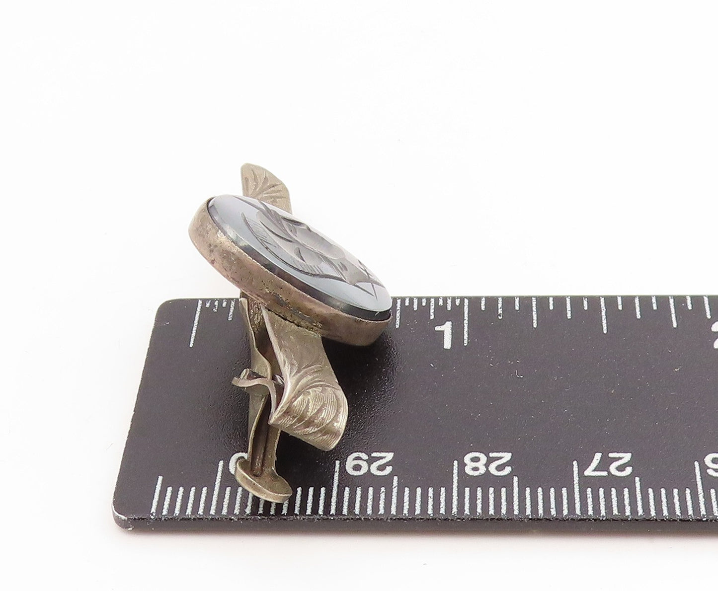 925 Sterling Silver Vintage Tie Clip Carved Hematite Greek Soldier Motif TR4186