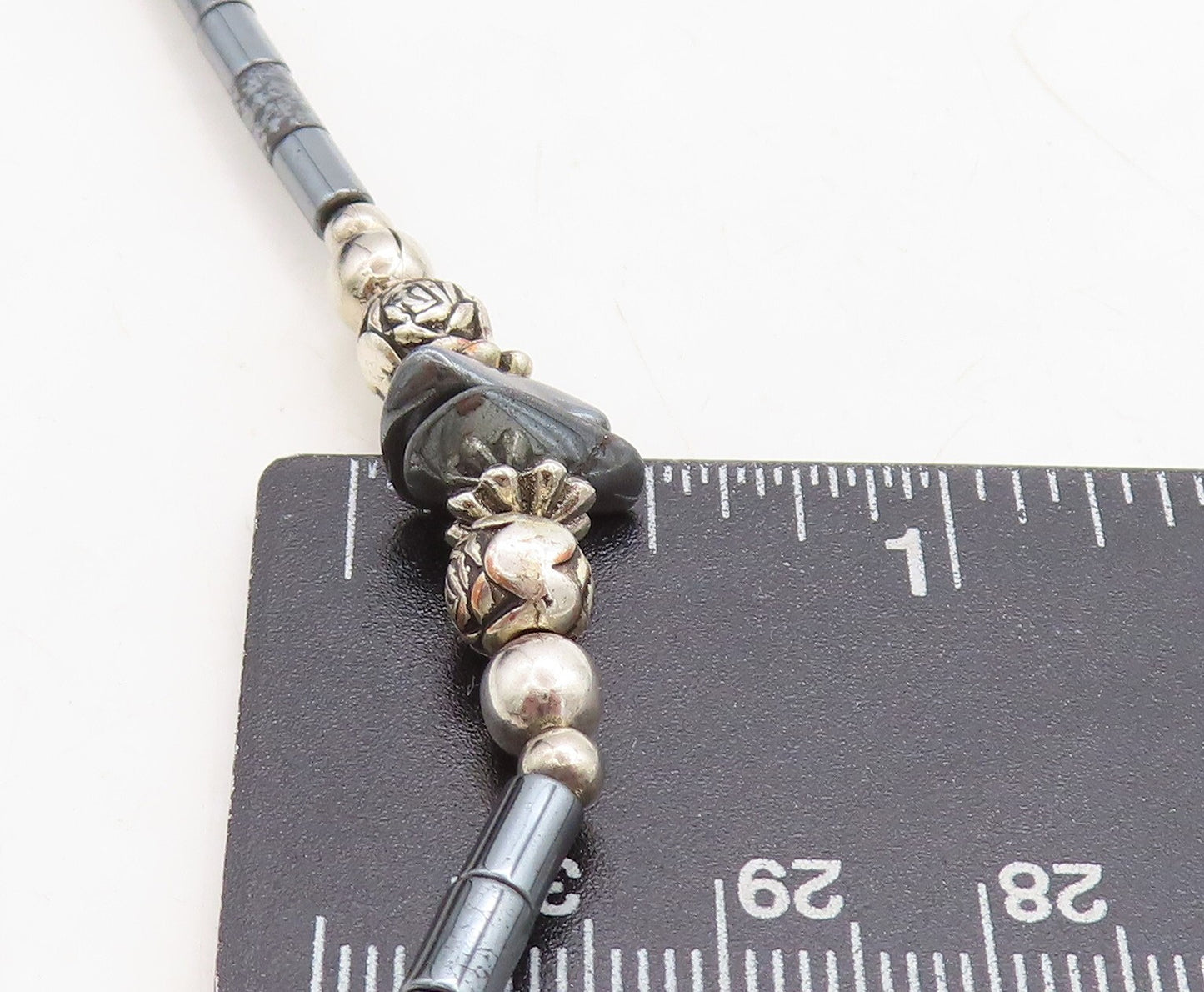 925 Sterling Silver Vintage Hematite Beaded Pattern Chain Necklace NE2269