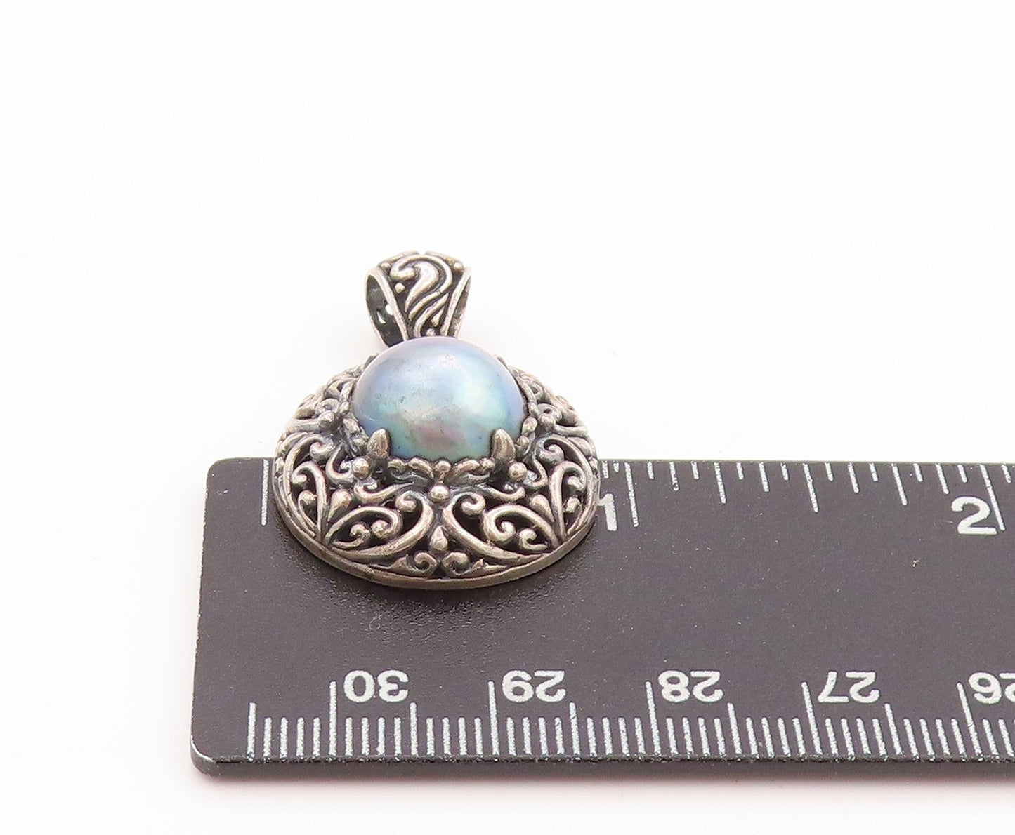 925 Sterling Silver Vintage Pendant Pearl Halo Dark Tone Swirls Carved PT24104