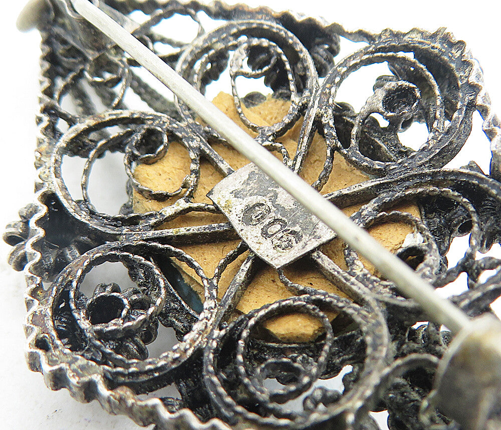 925 Sterling Silver Vintage Antique Turquoise Floral Twist Brooch Pin BP3041