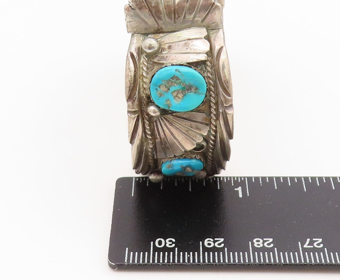 925 Sterling Silver Vintage Bracelet NAVAJO ZUNI Turquoise Watch Cuff BT11592