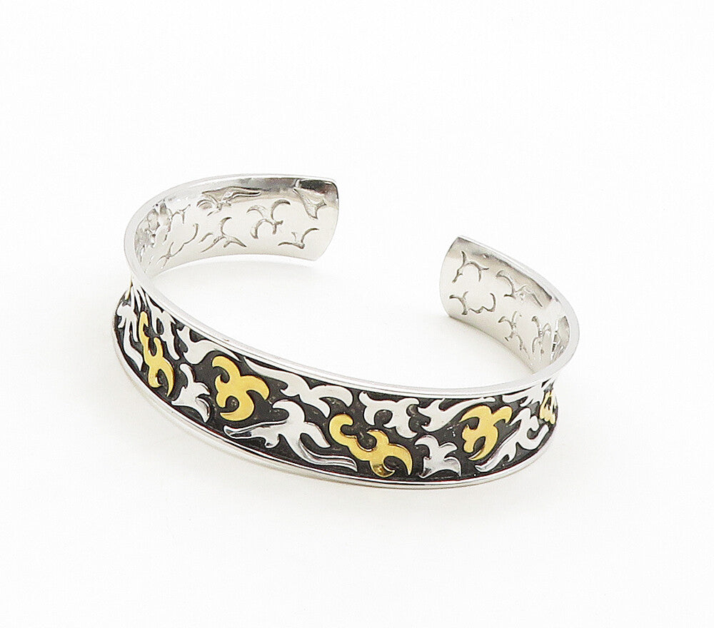 925 Sterling Silver Shiny Two Tone Embossed Pattern Cuff Bracelet BT6164
