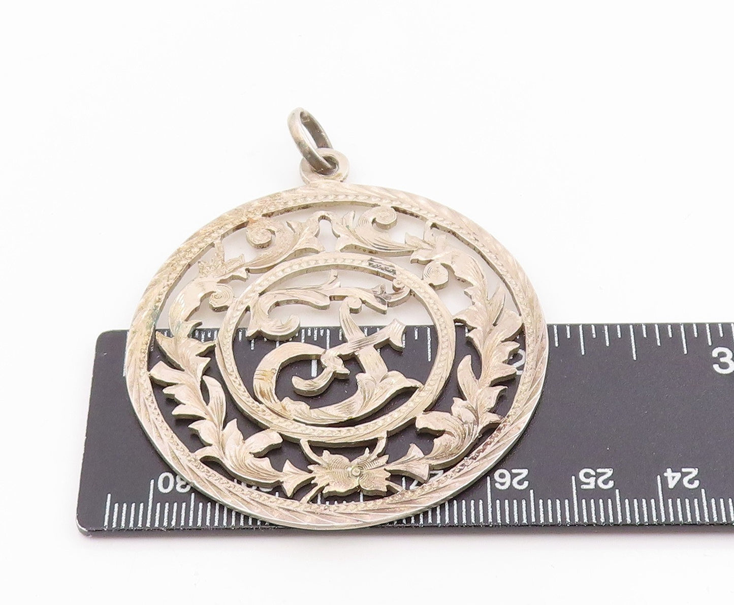 925 Sterling Silver Vintage Pendant Etched Openwork Floral Medallion PT25665