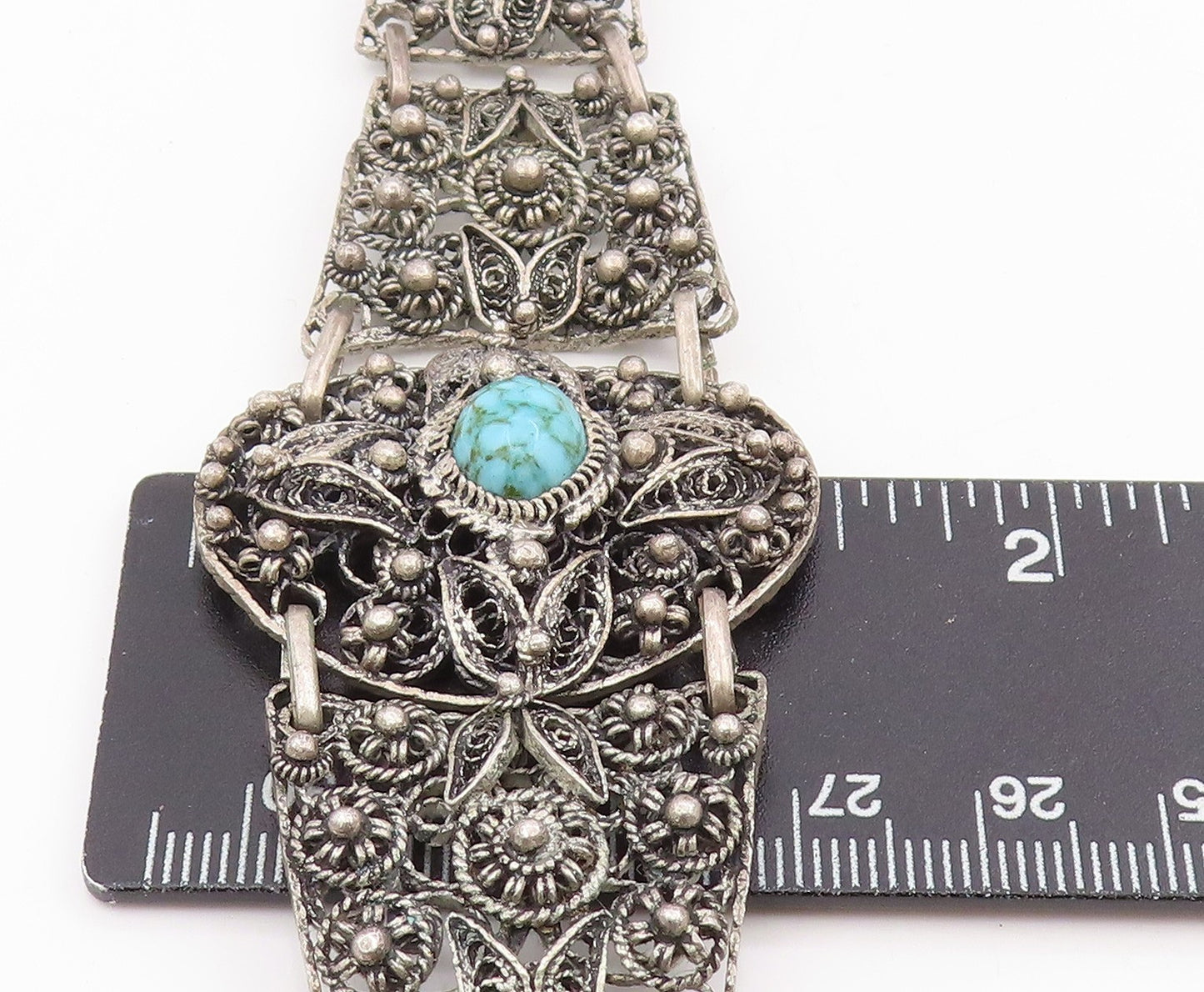925 Sterling Silver Vintage Bracelet Turquoise Intricate Floral Filigree BT11710