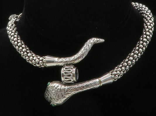 925 Sterling Silver - Green Topaz Snake Motif Bubble Chain Necklace - NE2129