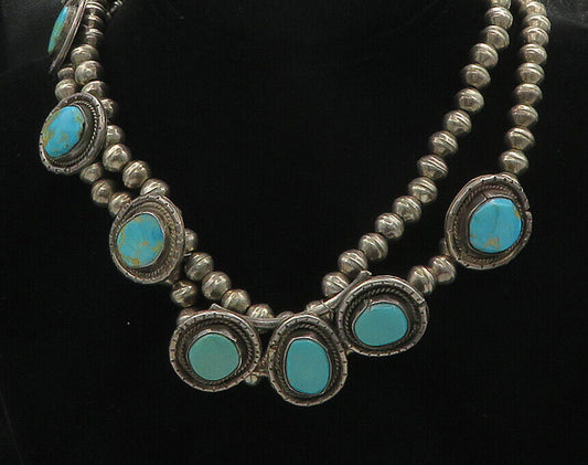 NAVAJO 925 Sterling Silver - Vintage Turquoise Beaded Chain Necklace - NE2799